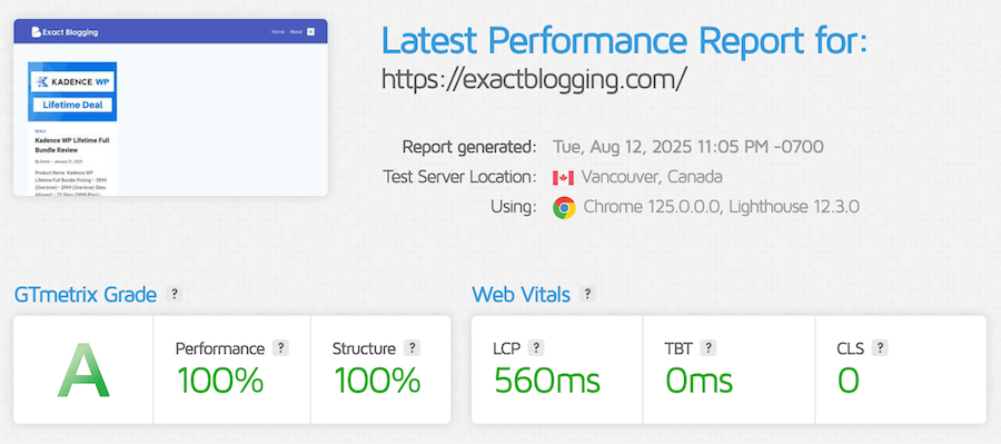 exactblogging site speed score by gtmetrix